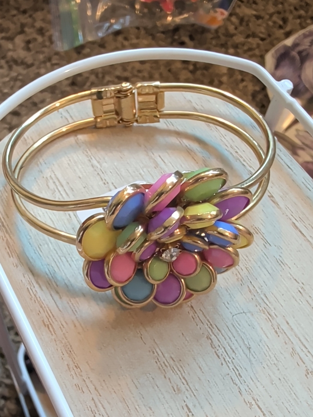 Gold-Tone Multicolor Enamel Floral Cluster Bangle Bracelet - Women Jewelry